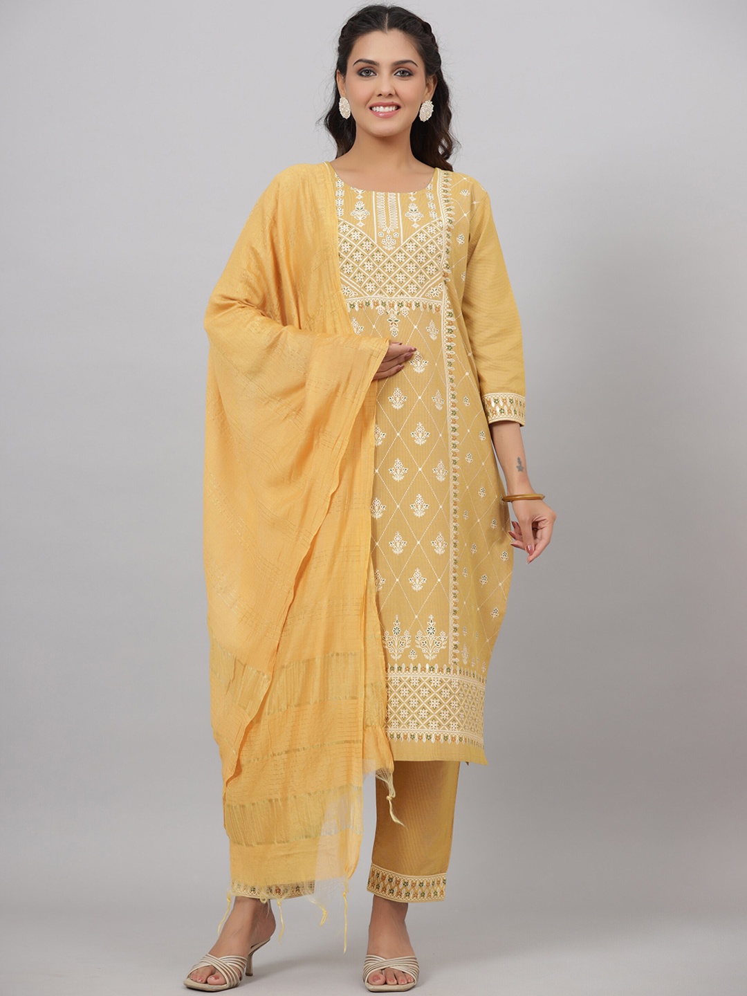 

Juniper Women Floral Printed Pure Cotton Kurta with Trousers & Dupatta, Mustard