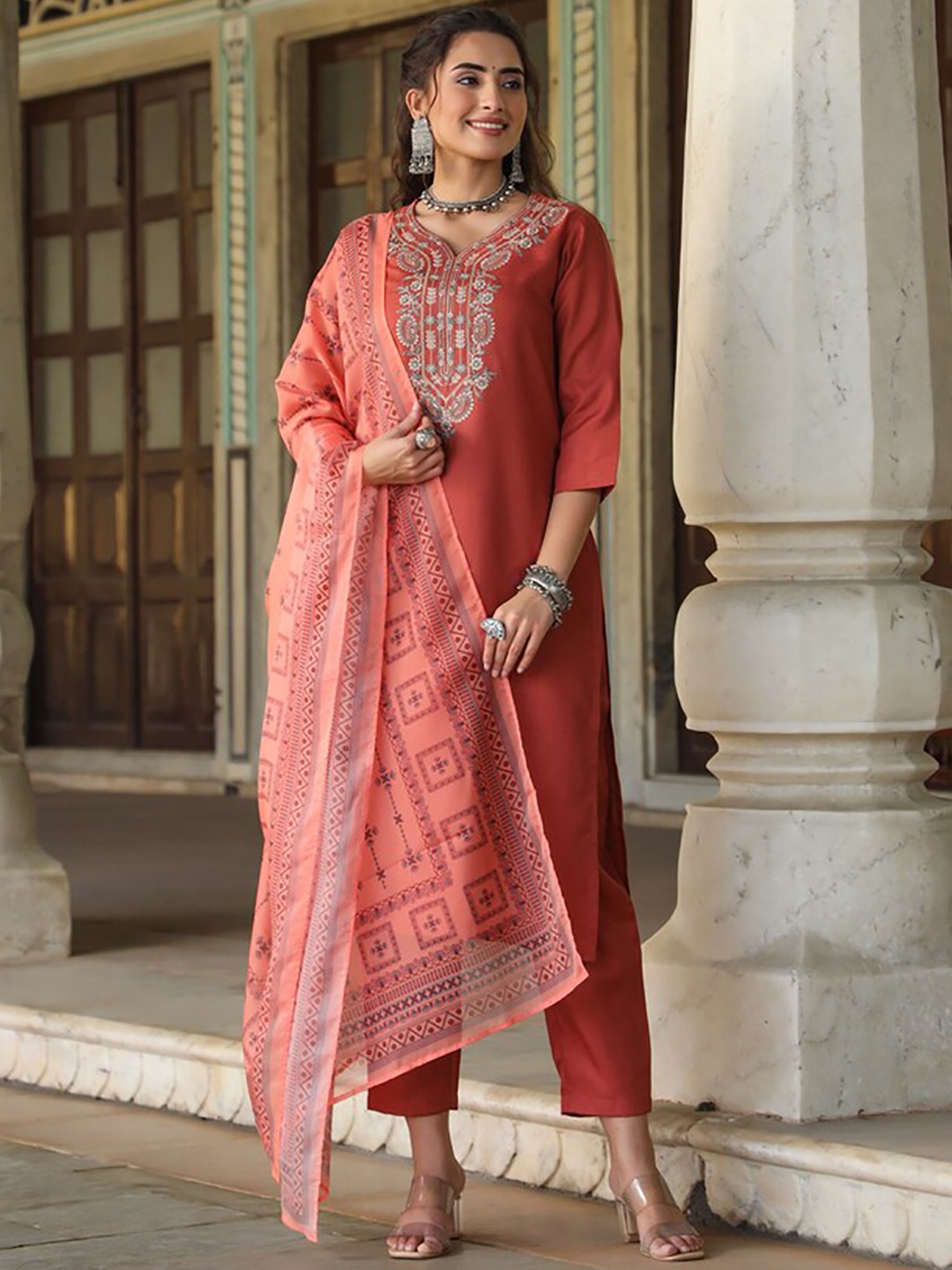 

Juniper Women Ethnic Motifs Embroidered Thread Work Kurta with Trousers & Dupatta, Rust