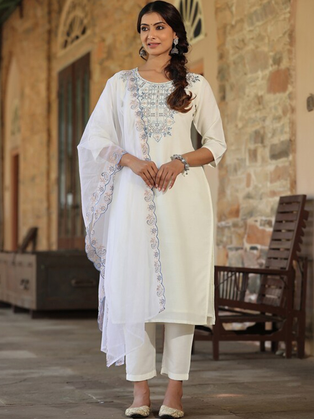 

Juniper Women Floral Embroidered Kurta with Trousers & Dupatta, White