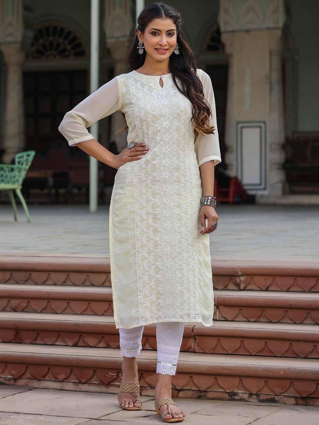 

Juniper Women Floral Embroidered Keyhole Neck Georgette Kurta, Yellow