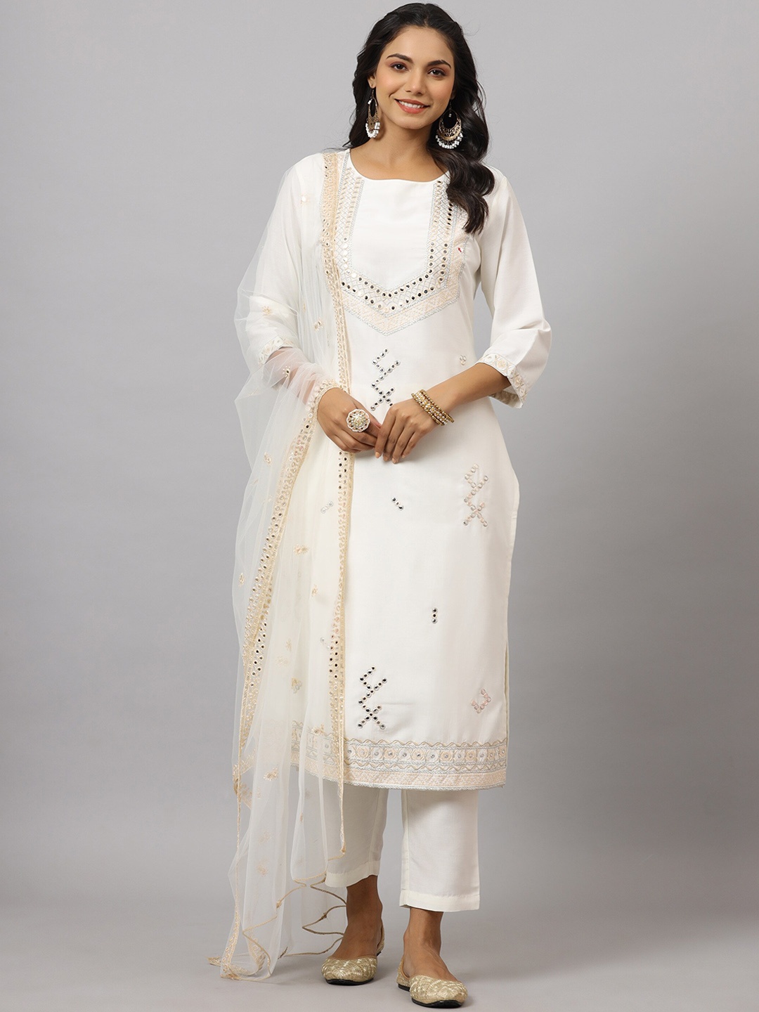 

Juniper Women Ethnic Motifs Embroidered Kurta with Trousers & Dupatta, White