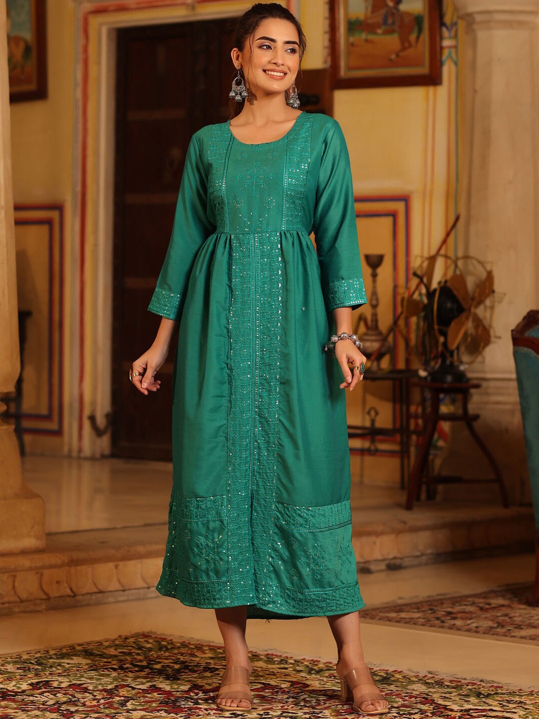 

Juniper Embellished Sequinned Cotton Fit & Flared Maxi Ethnic Dress, Teal