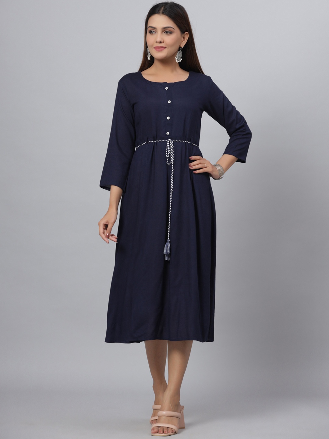 

Juniper Fit & Flare Round Neck Midi Ethnic Dress, Navy blue