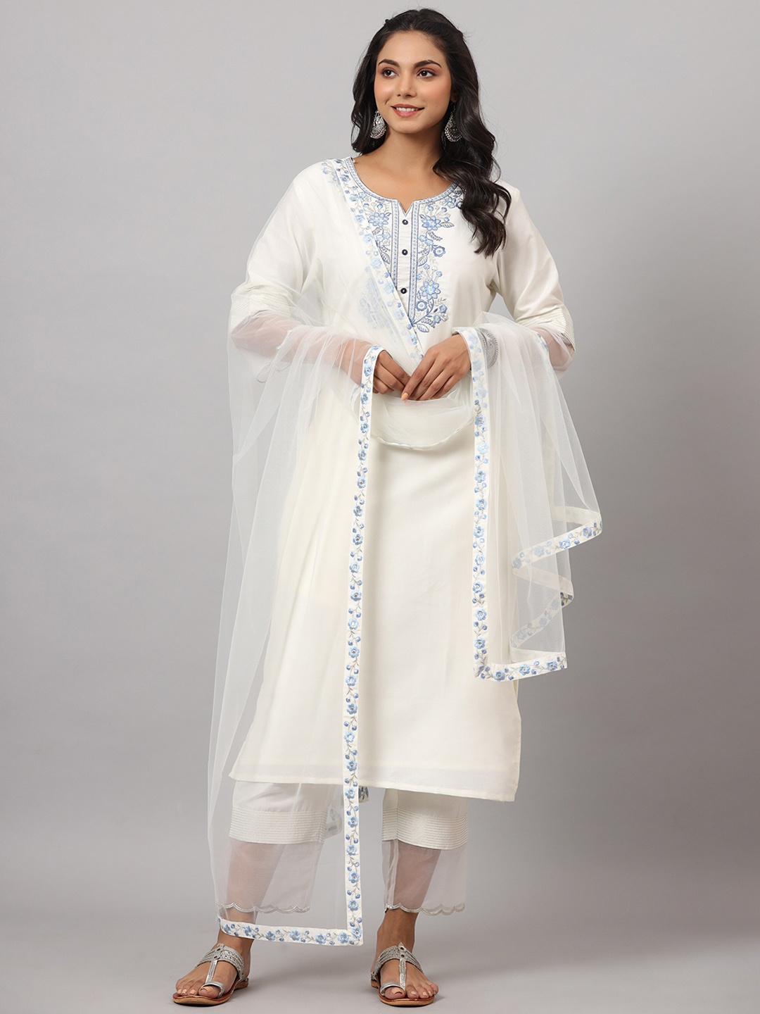 

Juniper Women Floral Embroidered Kurta with Trousers & Dupatta, White