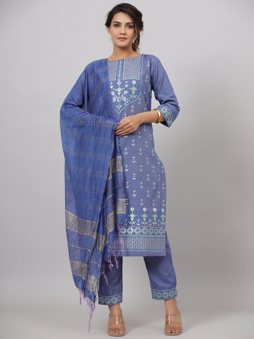 

Juniper Women Ethnic Motifs Printed Pure Cotton Kurta with Trousers & Dupatta, Blue
