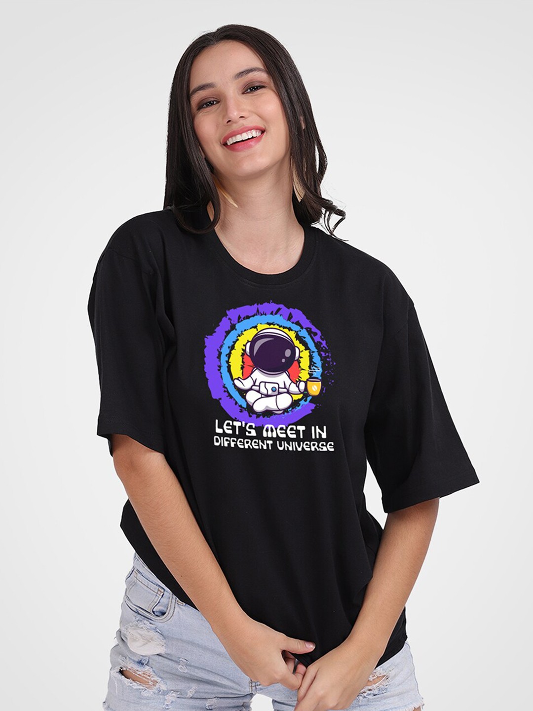 

Mad Over Print Women Printed Cotton Loose Fit T-shirt, Black
