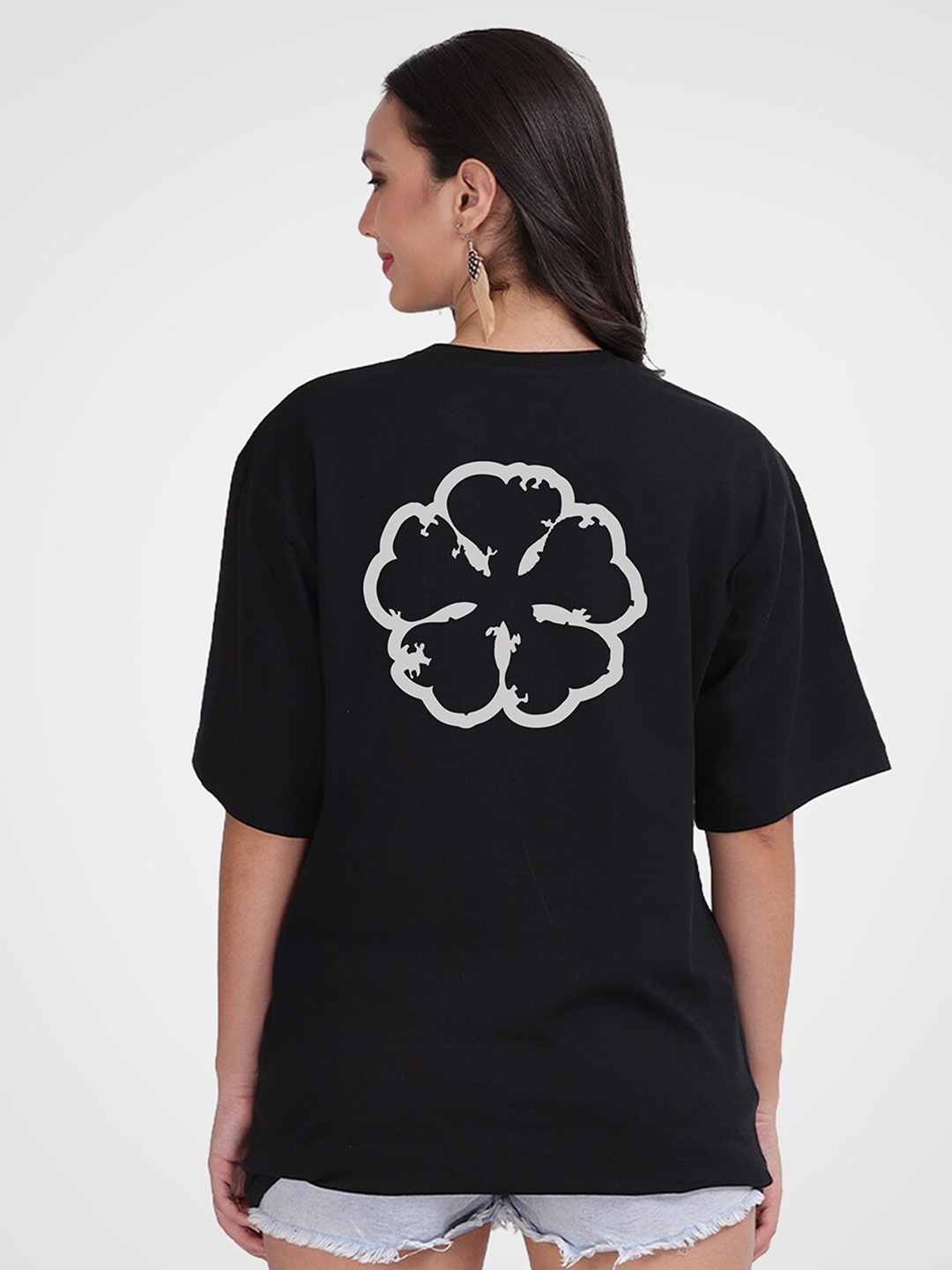 Mad Over Print Women Printed Cotton Oversize T-shirt, Black