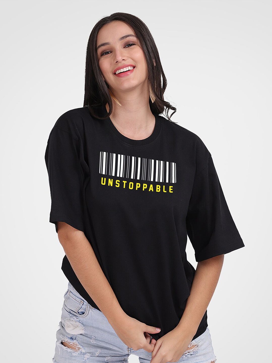 

Mad Over Print Women Typography Printed Cotton T-shirt, Black