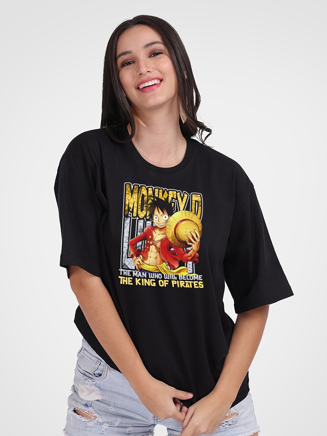 Mad Over Print Women Typography Printed Oversize Cotton T-shirt, Black