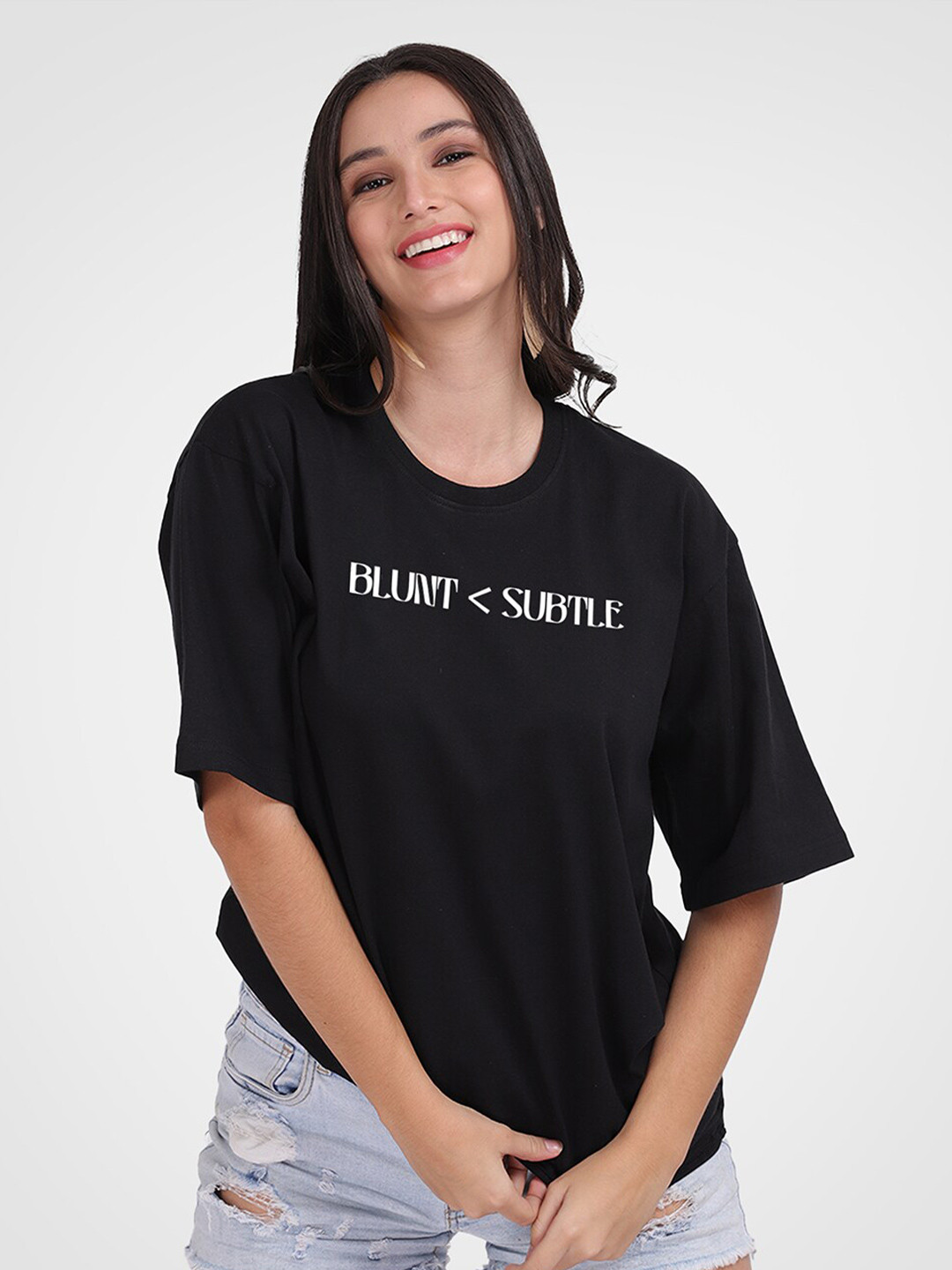 

Mad Over Print Women Typography Printed Drop-Shoulder Sleeves Oversize Cotton T-shirt, Black