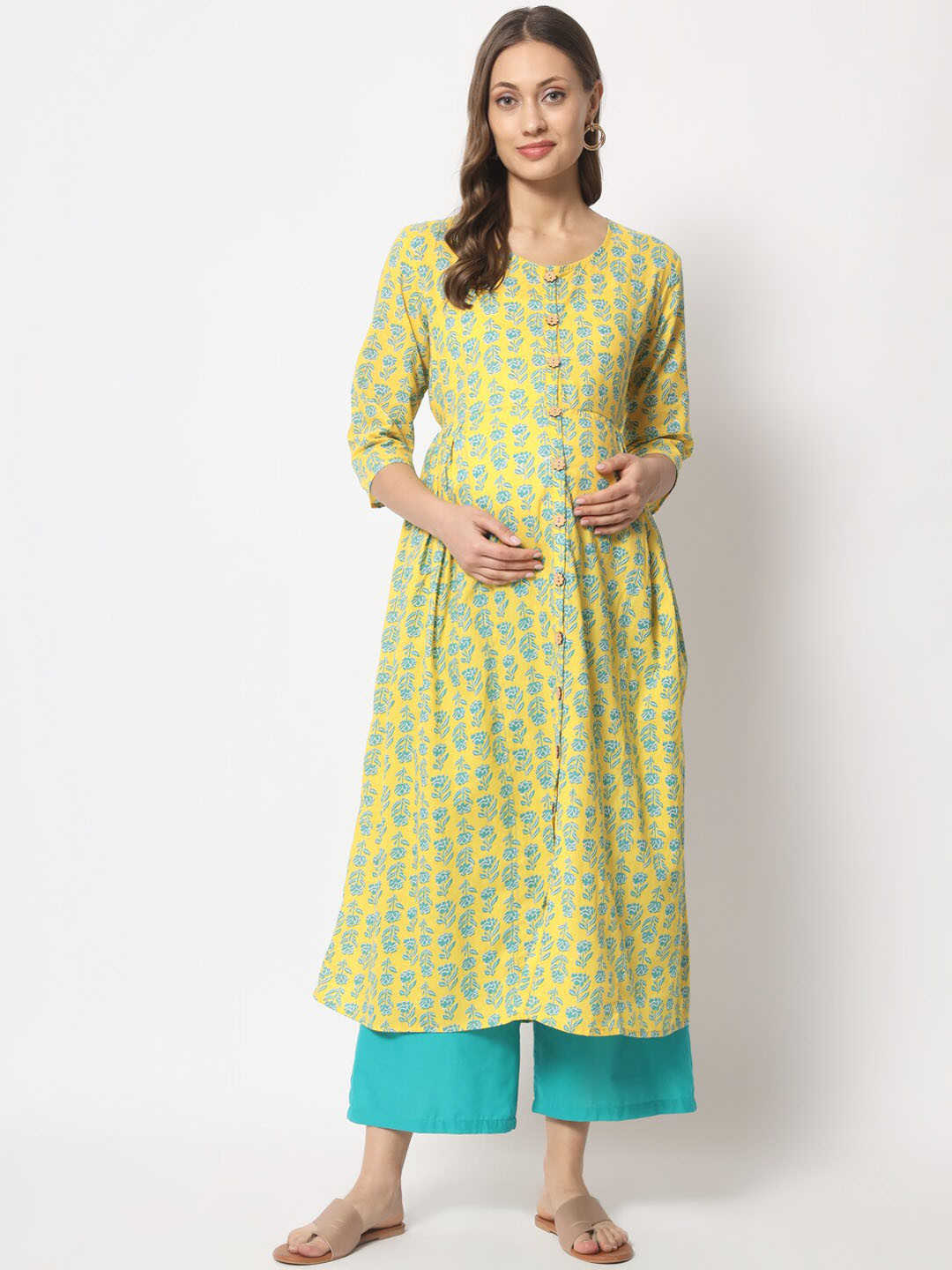 

Aujjessa Women Floral Printed Pure Cotton Maternity Feeding Kurta With Palazzos, Yellow