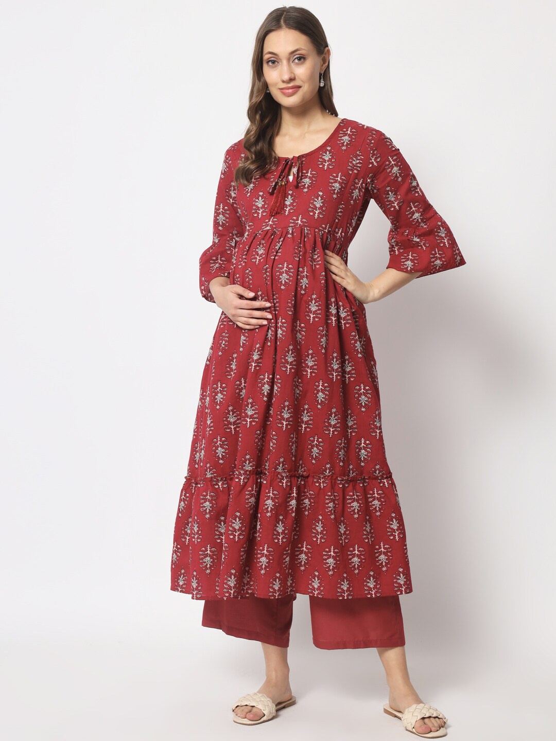 

Aujjessa Women Ethnic Motifs Printed Pure Cotton Maternity Feeding Kurta With Palazzos, Maroon