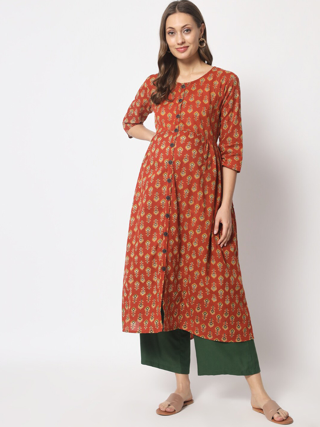 

Aujjessa Women Round Neck Floral Printed Pure Cotton Maternity Feeding Kurta With Palazzos, Rust