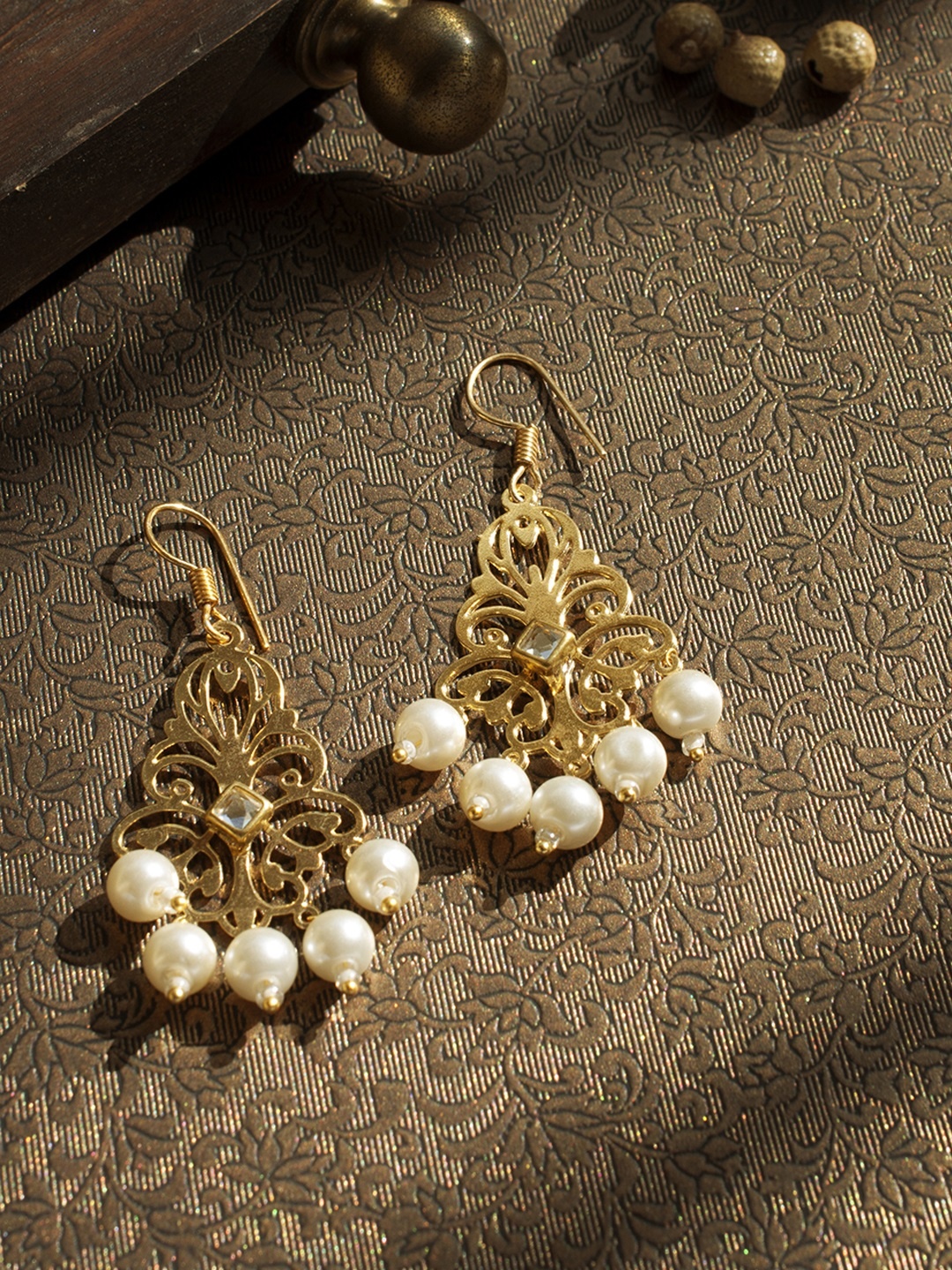 

Rubans Gold-Toned & White Handcrafted Filigree Drop Earrings