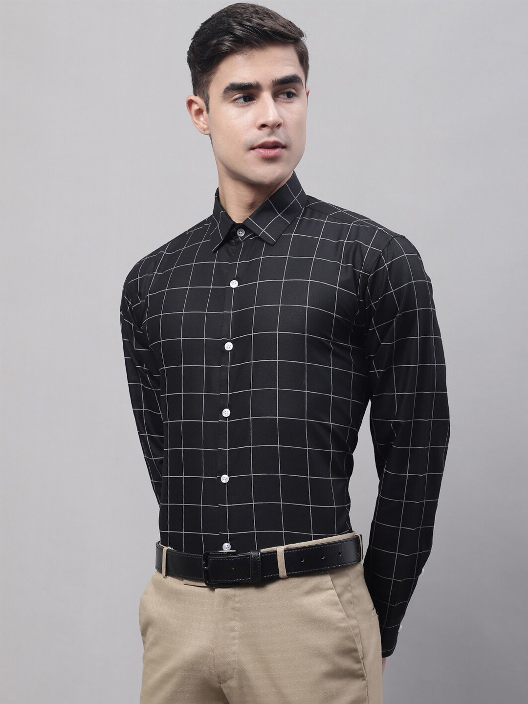

JAINISH Men Classic Windowpane Checked Cotton Formal Shirt, Black