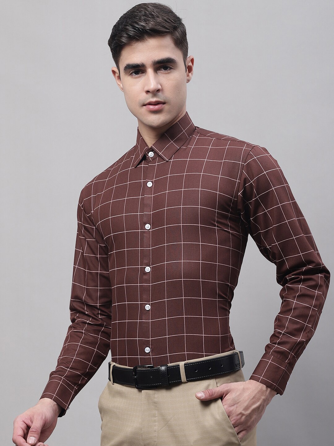 

JAINISH Men Classic Windowpane Checked Formal Cotton Shirt, Brown