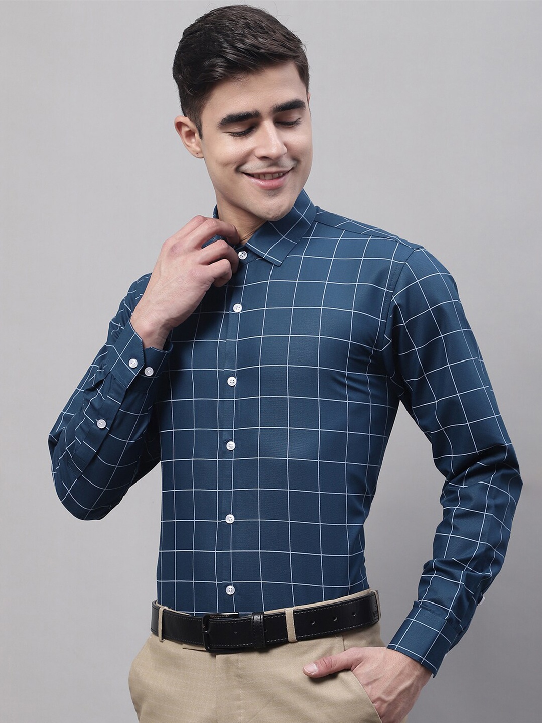 

JAINISH Men Classic Windowpane Checked Formal Cotton Shirt, Teal