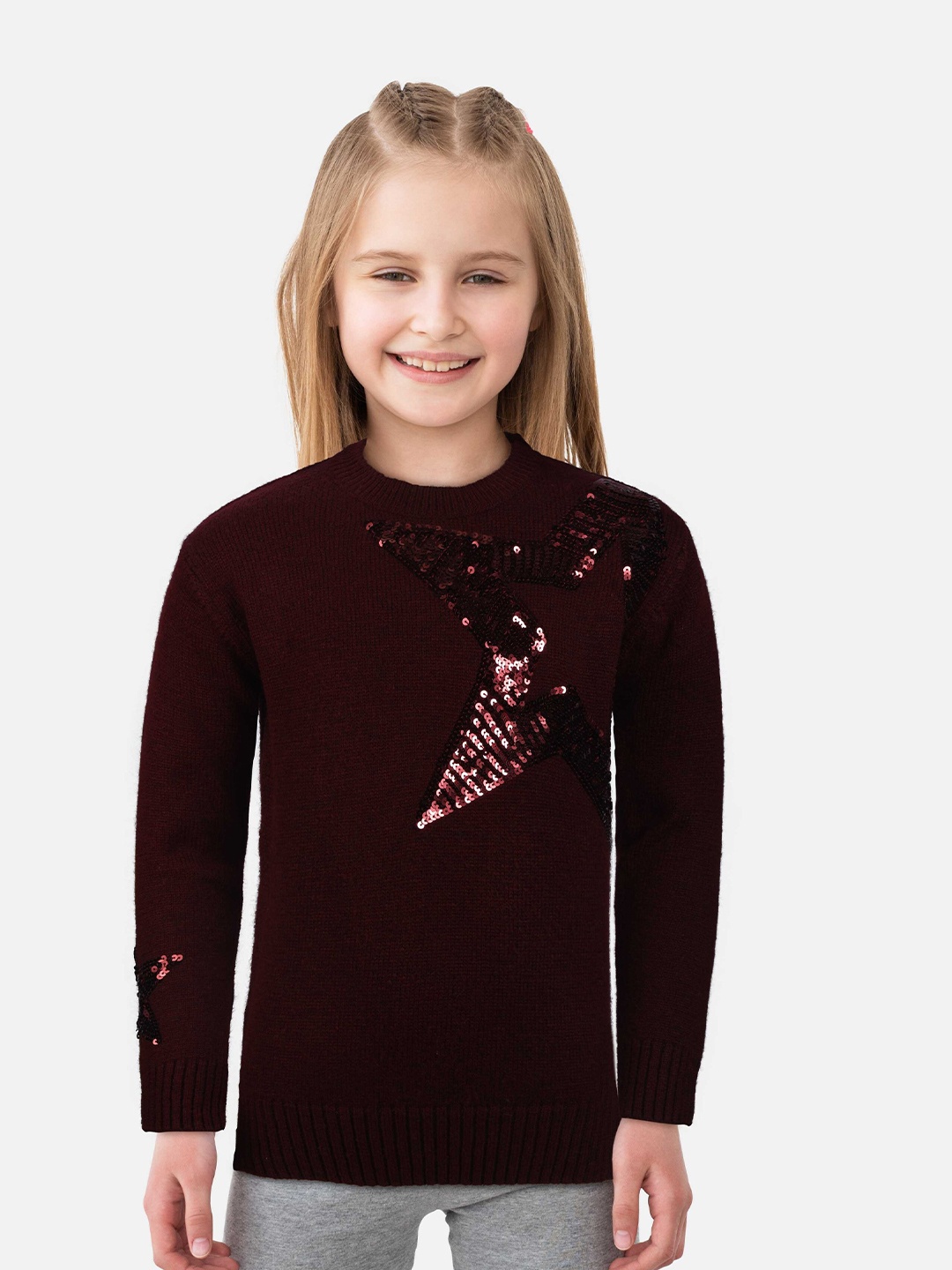 

Gini and Jony Girls Embellished Woolen Pullover, Maroon