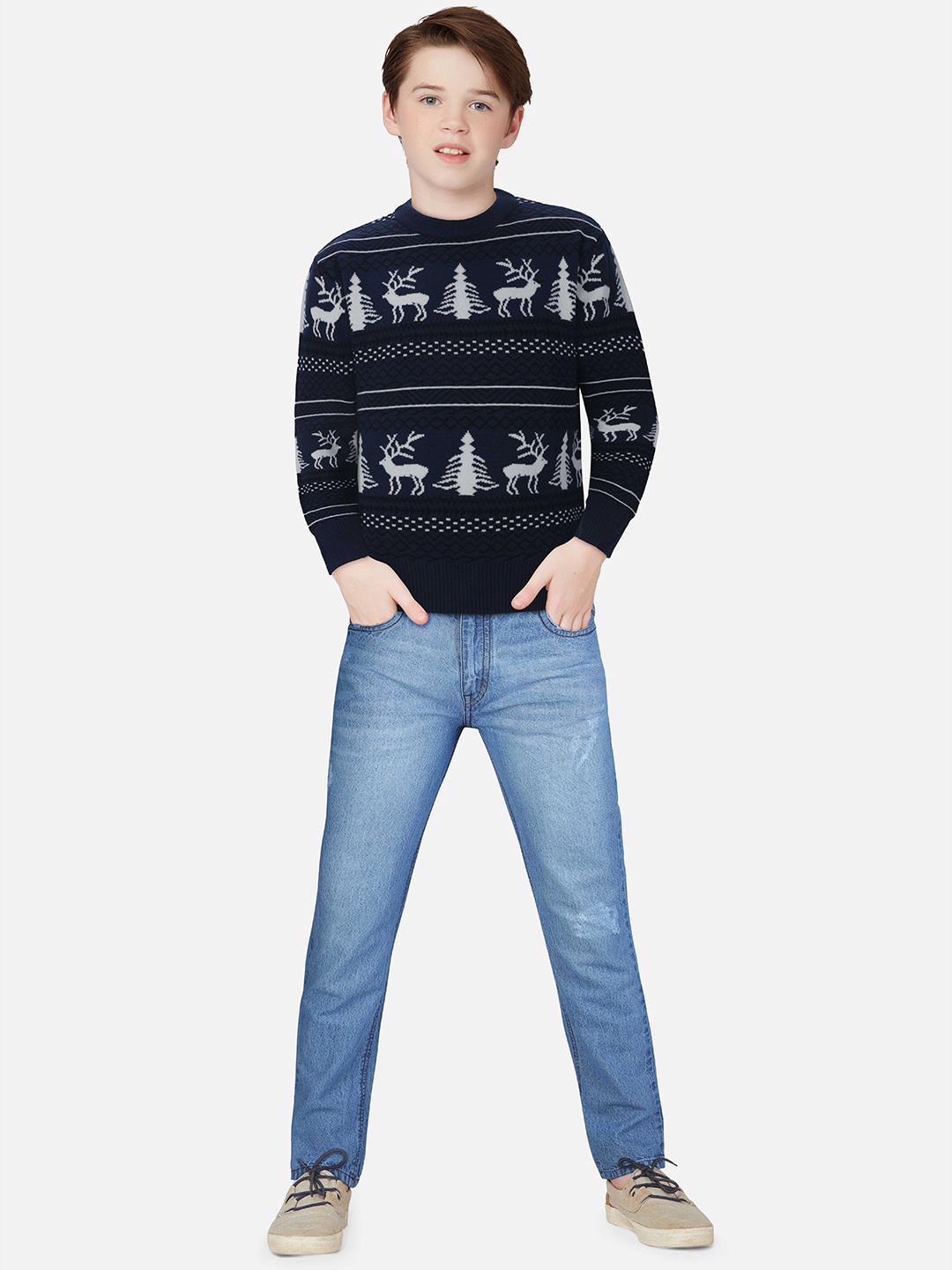 

Gini and Jony Boys Printed Woolen Pullover, Navy blue