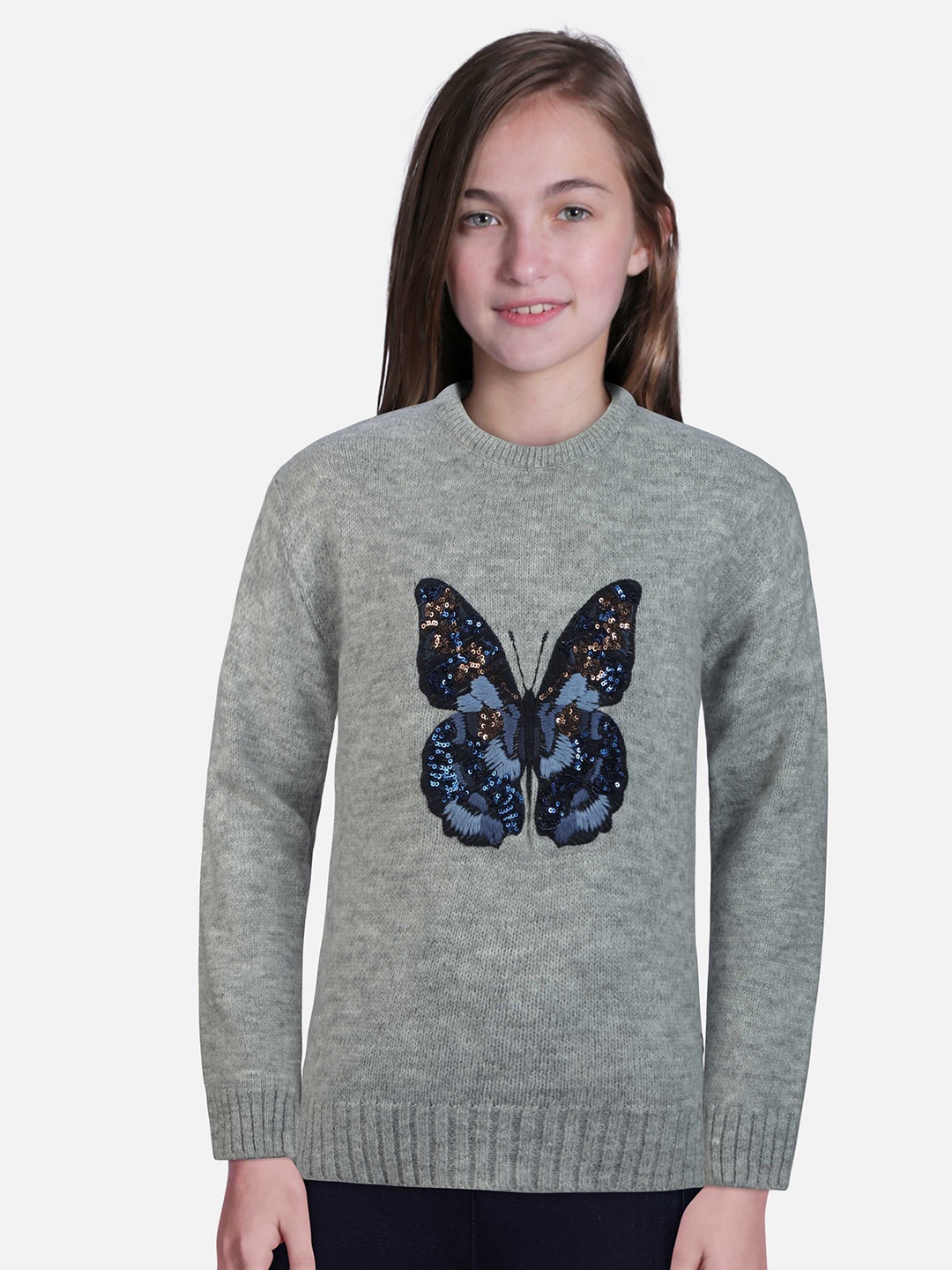 

Gini and Jony Girls Embroidered Woolen Pullover, Grey