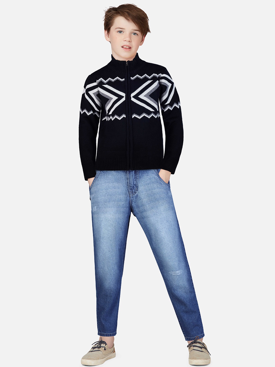 

Gini and Jony Boys Mock Collar Printed Wool Cardigan, Blue