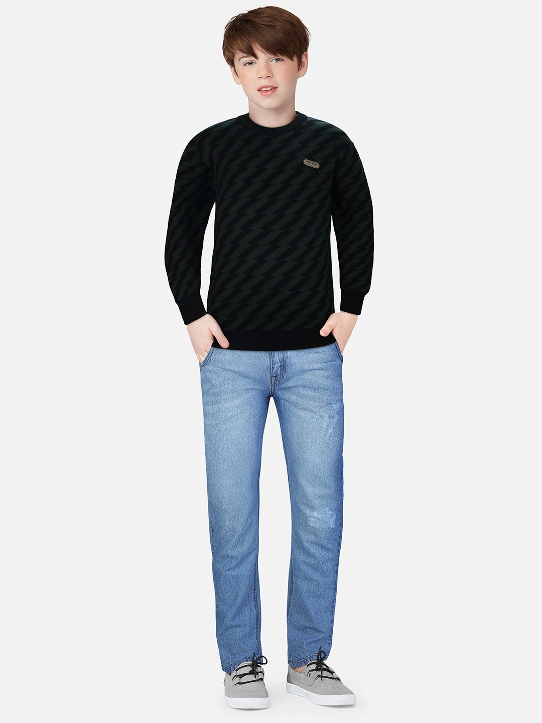 

Gini and Jony Boys Round Neck Striped Wool Pullover, Green