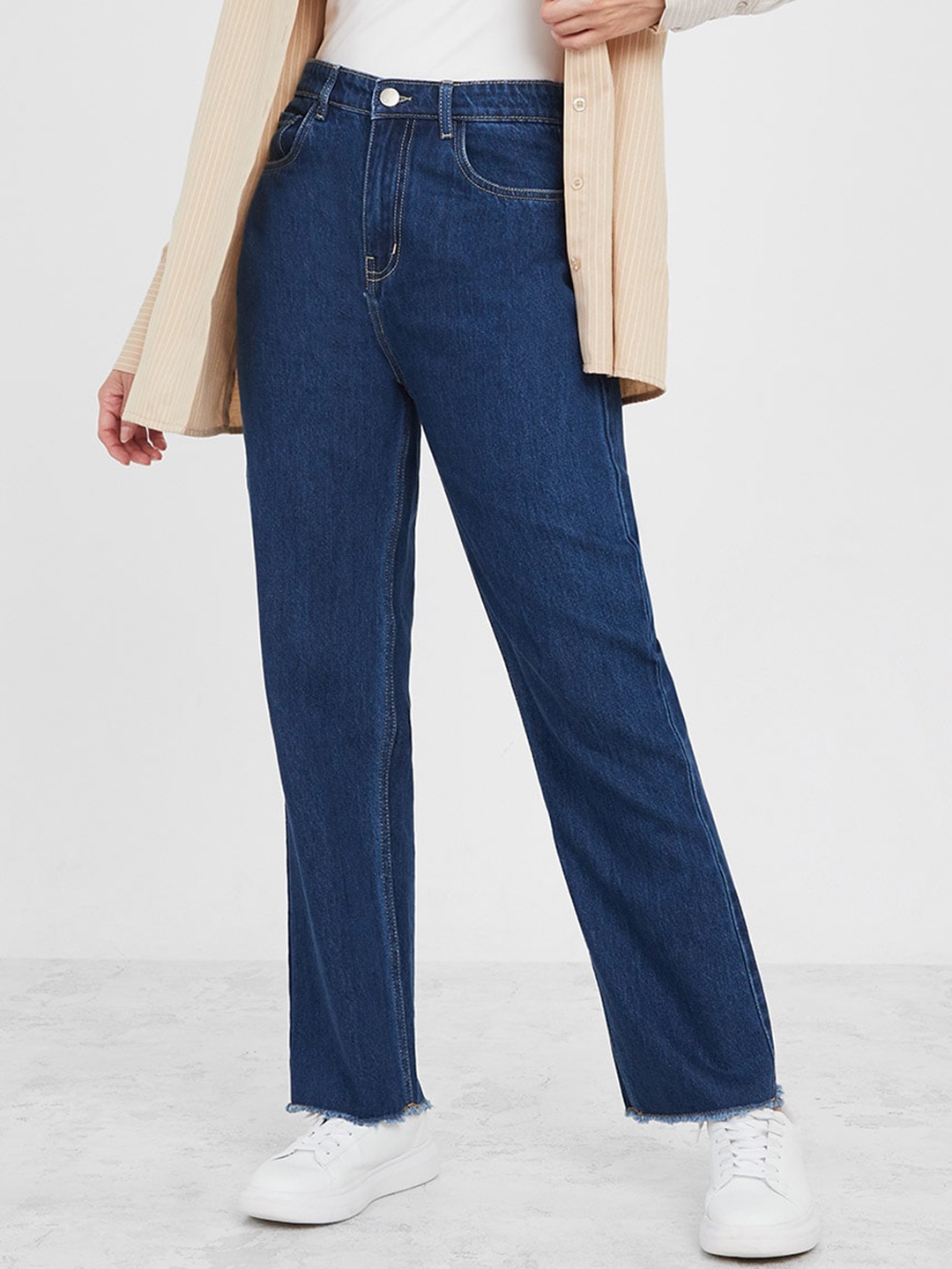 

Styli Women Straight Fit Cotton High-Rise Jeans, Blue