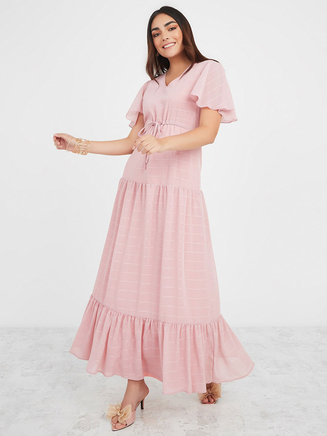 

Styli Striped Tiered Maxi Dress, Pink
