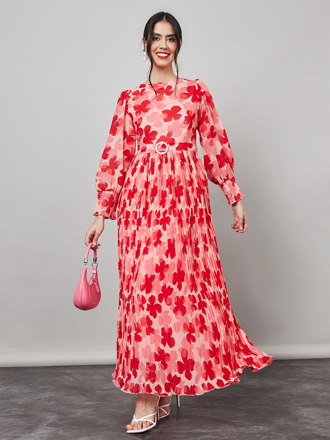 

Styli Floral Printed Accordion Pleats Puff Sleeves Belted Detail A-Line Dress, Red