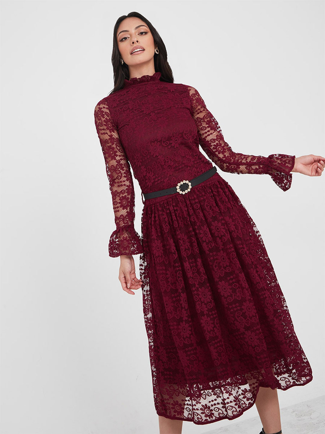 

Styli Self Design Bell Sleeves Drop Waist Dress, Maroon