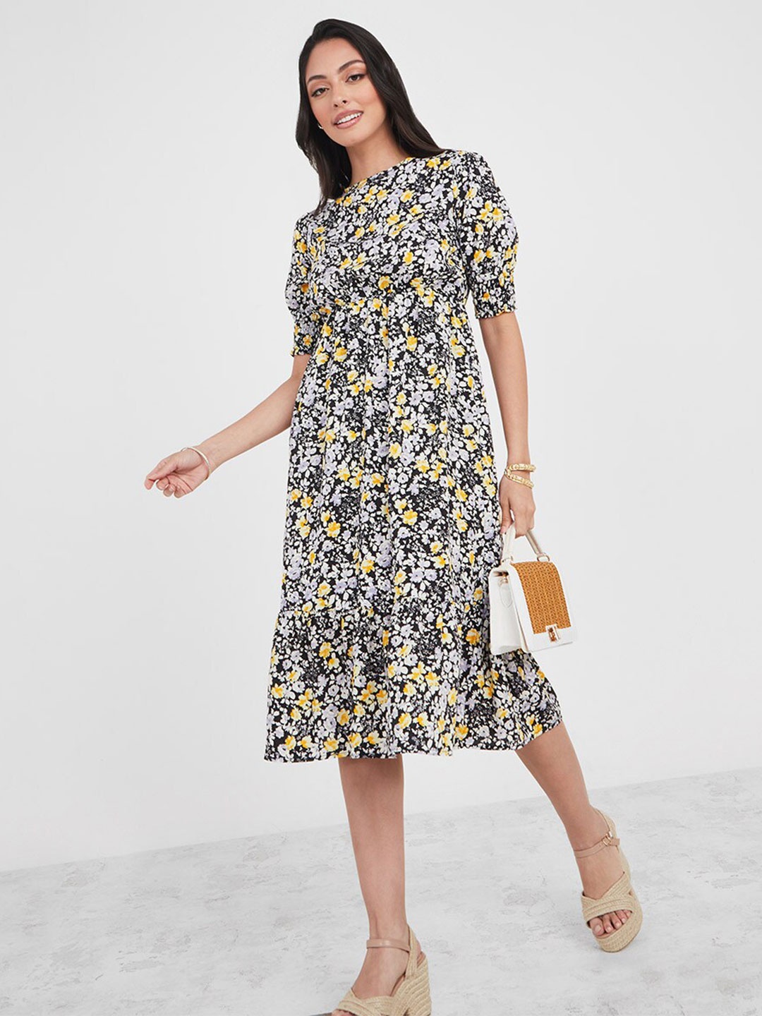 

Styli Floral Printed A-Line Midi Dress, White