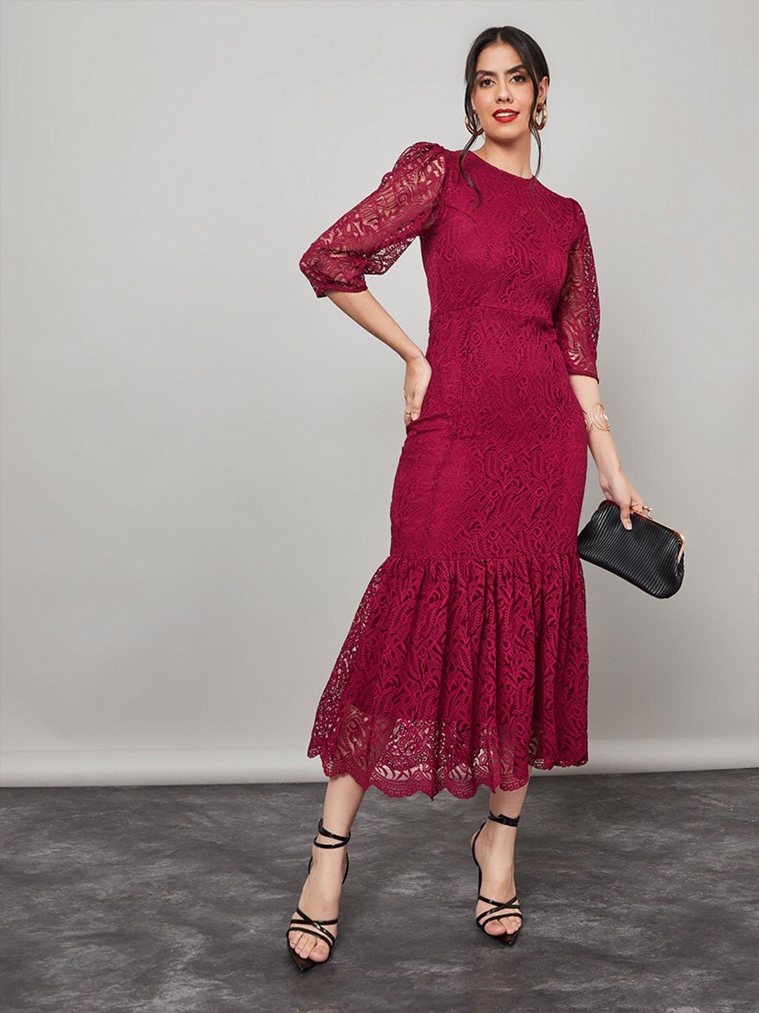 

Styli Self Design Lace Bodycon Midi Dress, Maroon