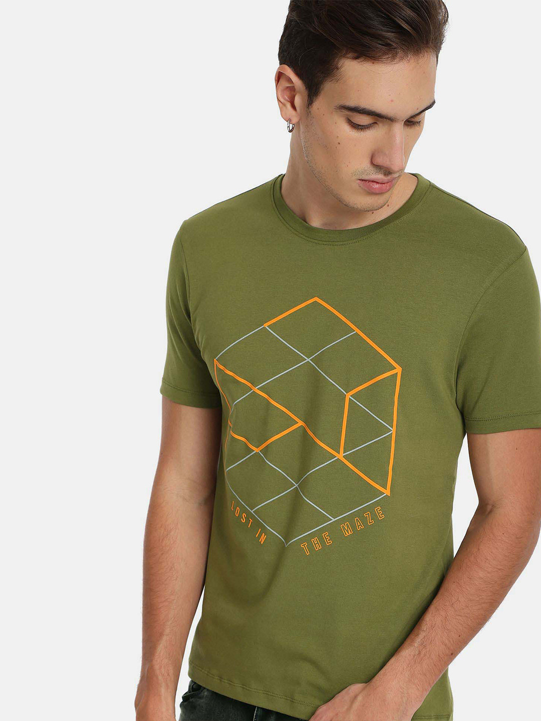 

Flying Machine Graphic Print Crew Neck T-Shirt, Olive