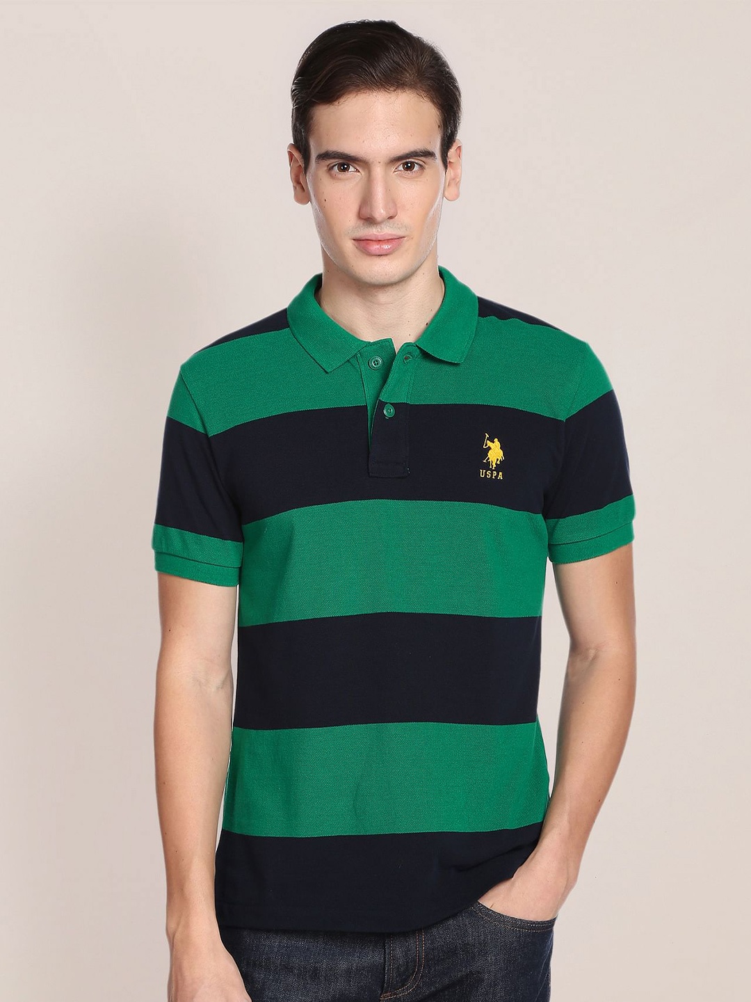 

U.S. Polo Assn. Men Striped Polo Collar Slim Fit Cotton T-shirt, Green
