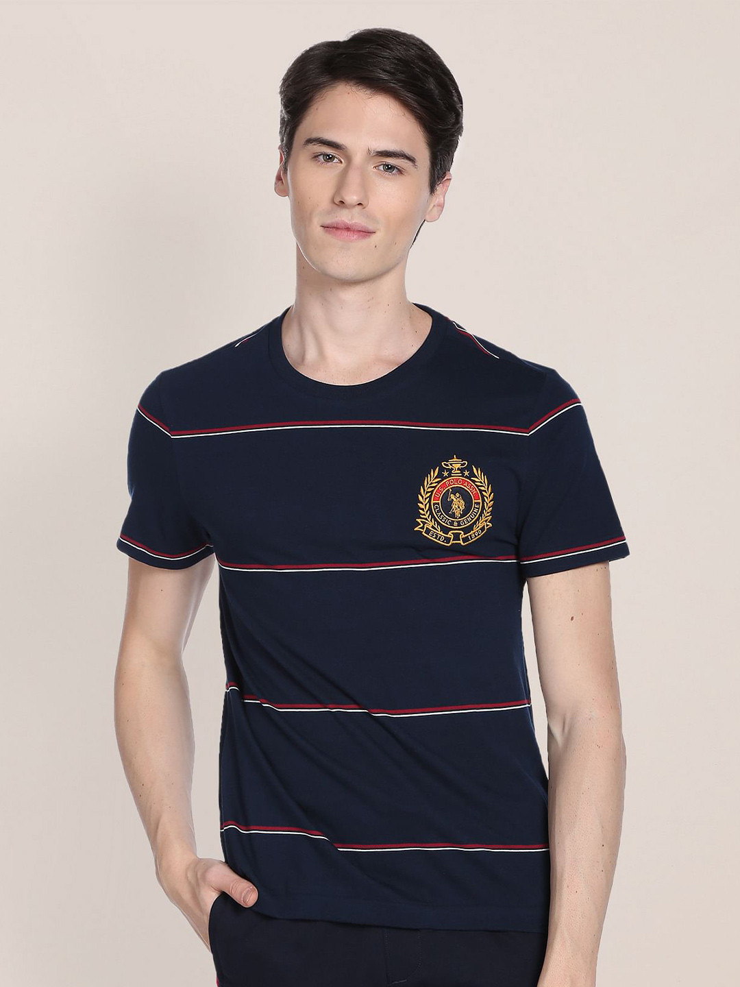 

U.S. Polo Assn. Men Striped Slim Fit Pure Cotton T-shirt, Navy blue