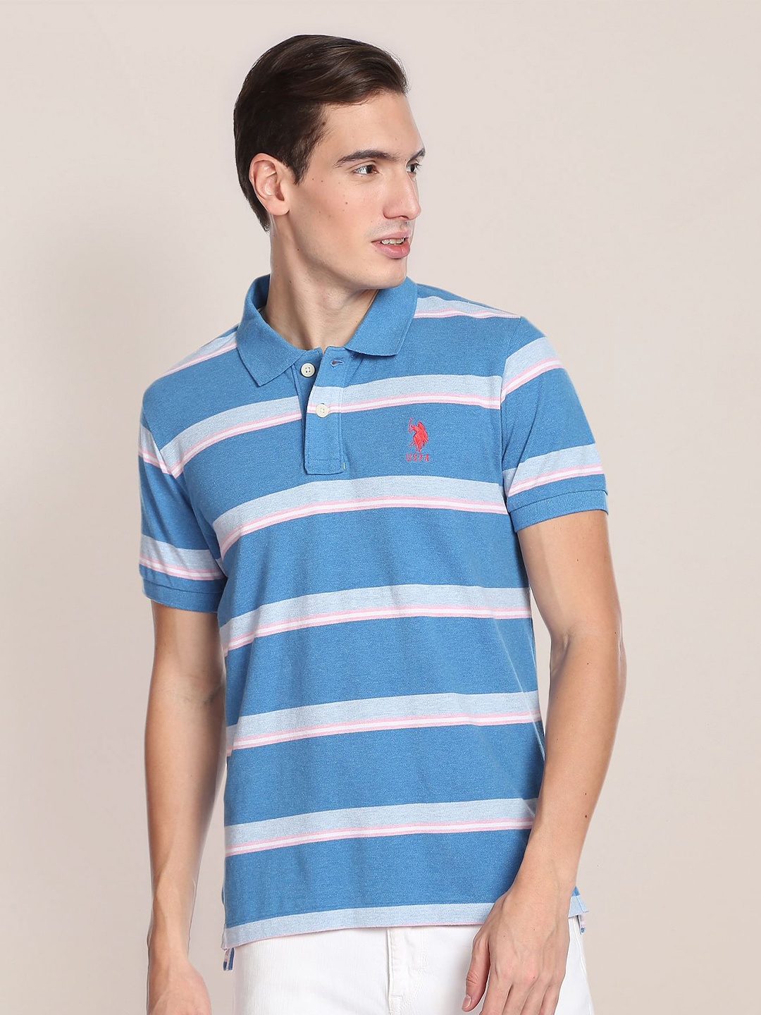 

U.S. Polo Assn. Men Striped Polo Collar Pure Cotton T-shirt, Blue