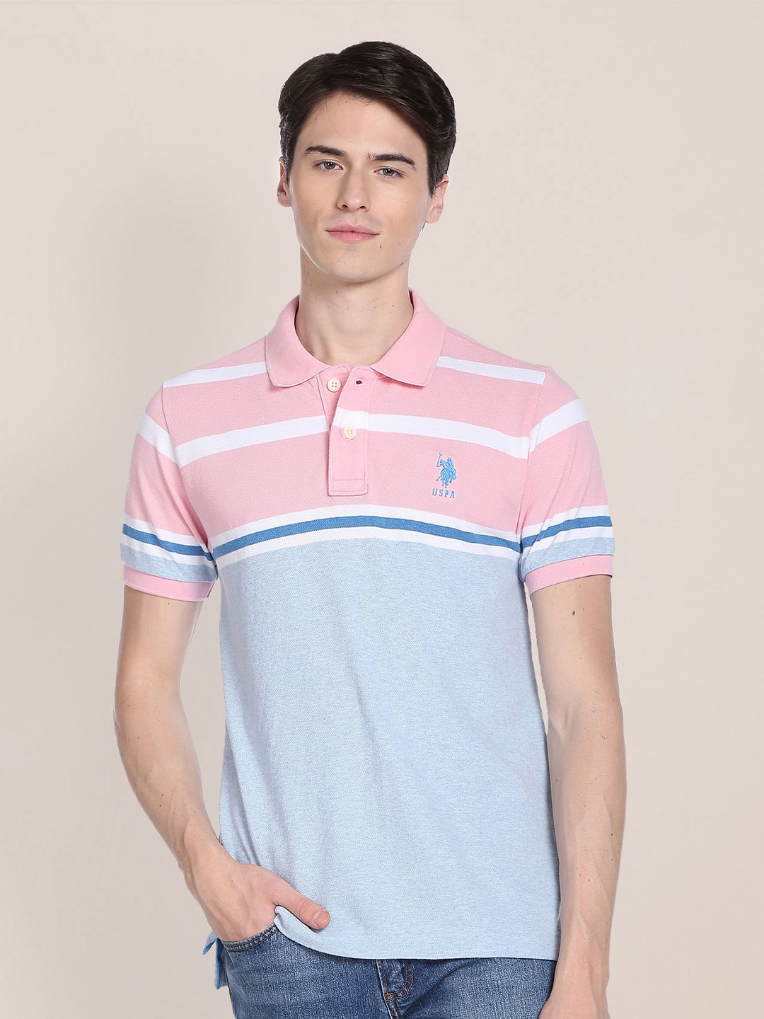 

U.S. Polo Assn. Striped Polo Collar Slim Fit T-shirt, Pink