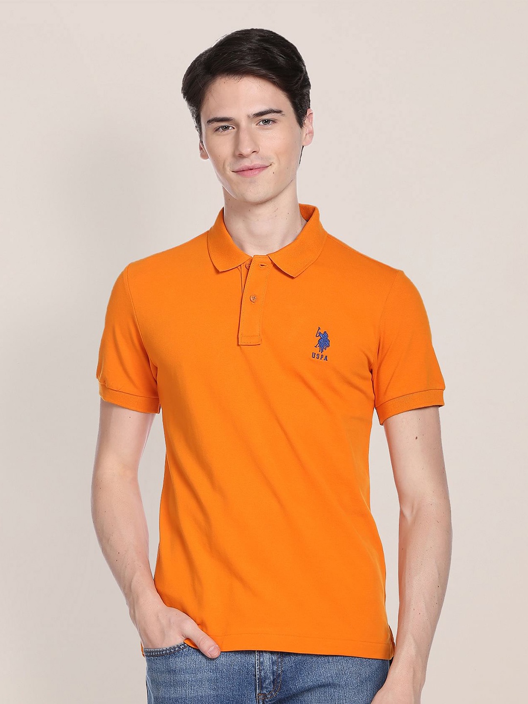 

U.S. Polo Assn. Men Polo Collar Slim Fit Cotton T-shirt, Orange