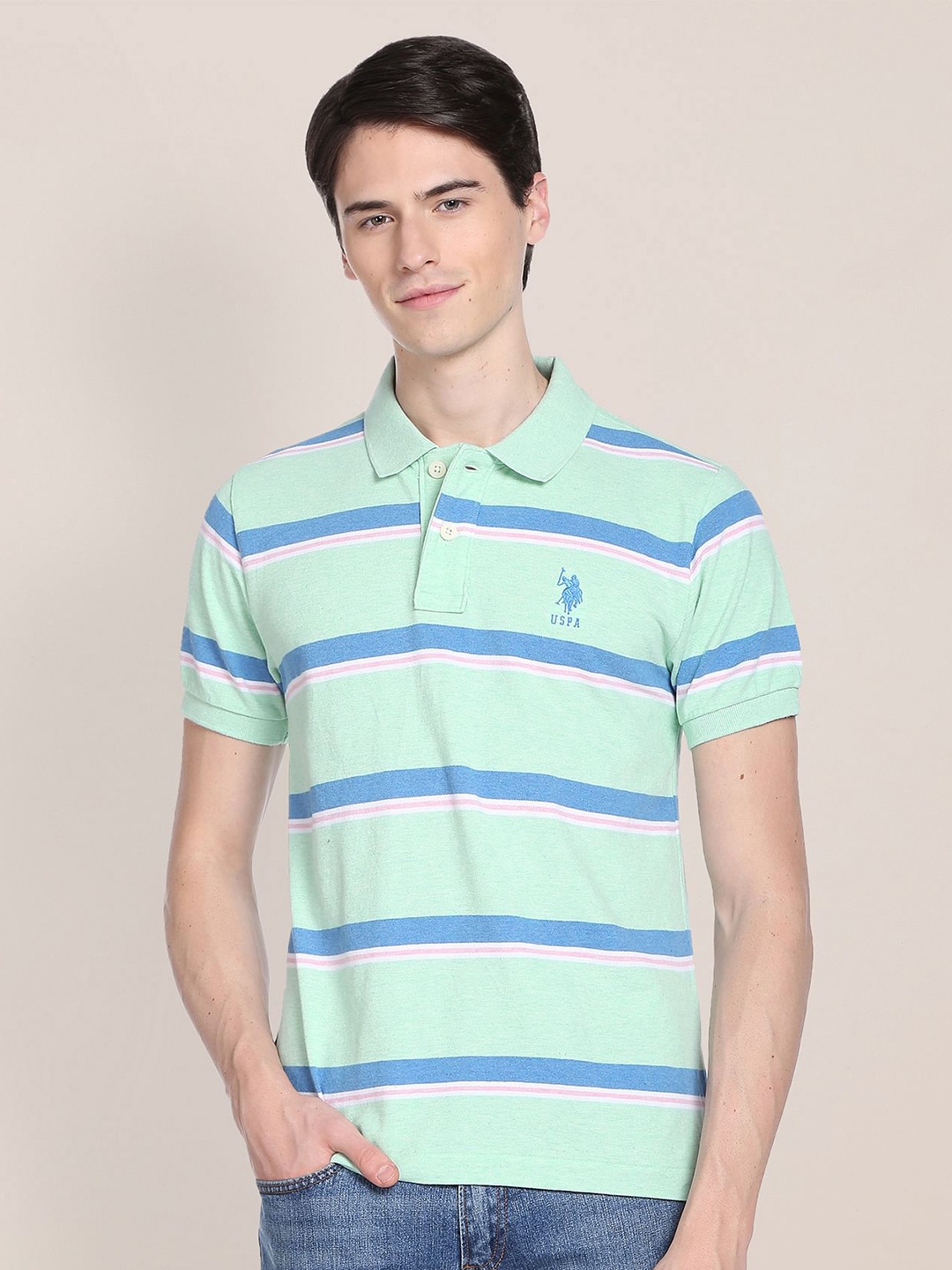 

U.S. Polo Assn. Men Striped Plus Size Pure Cotton T-shirt, Sea green