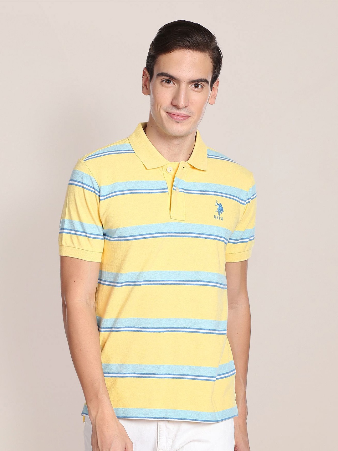 

U.S. Polo Assn. Men Plus Size Striped Polo Collar Cotton T-shirt, Yellow