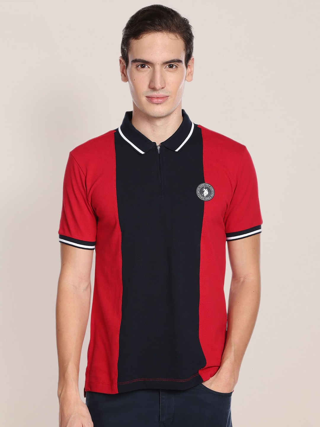 

U.S. Polo Assn. Men Colourblocked Polo Collar Slim Fit Cotton T-shirt, Red