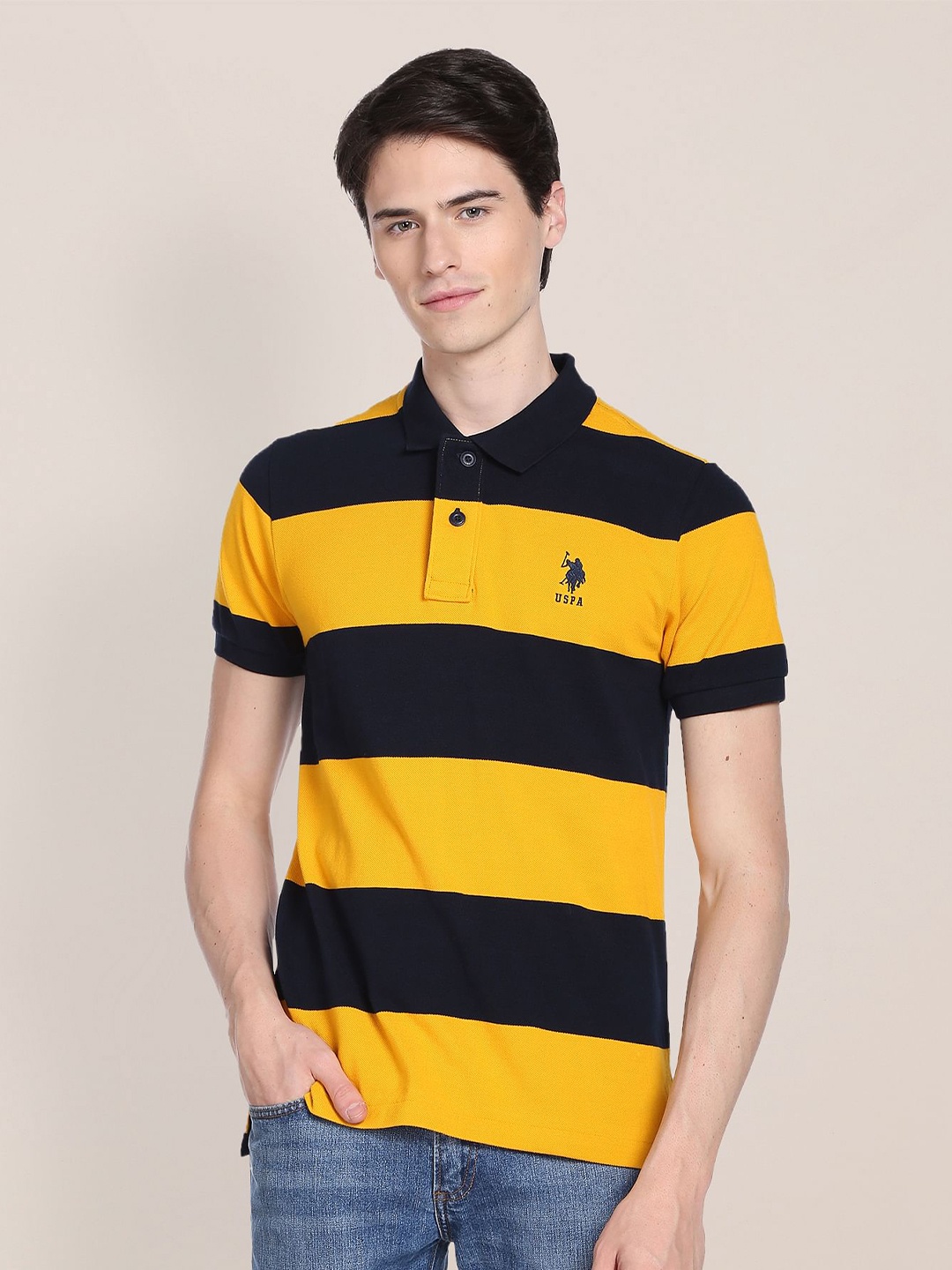 

U.S. Polo Assn. Plus Size Striped Polo Collar Pure Cotton Slim Fit T-shirt, Mustard