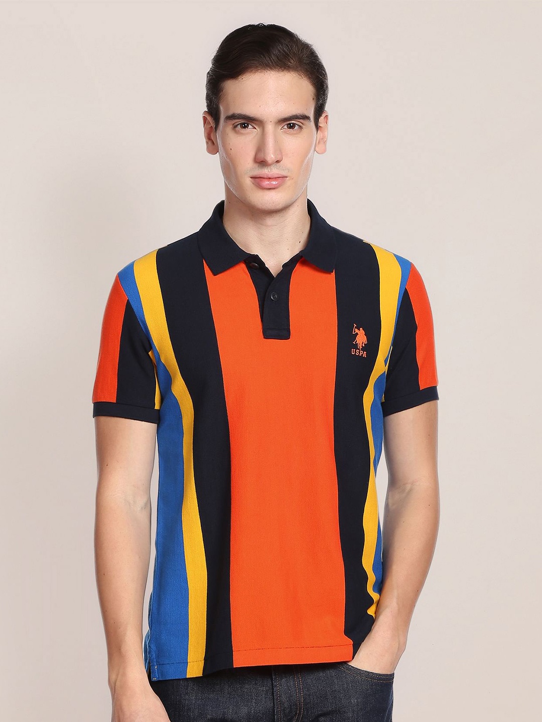 

U.S. Polo Assn. Men Striped Polo Collar Slim Fit Pure Cotton T-shirt, Orange