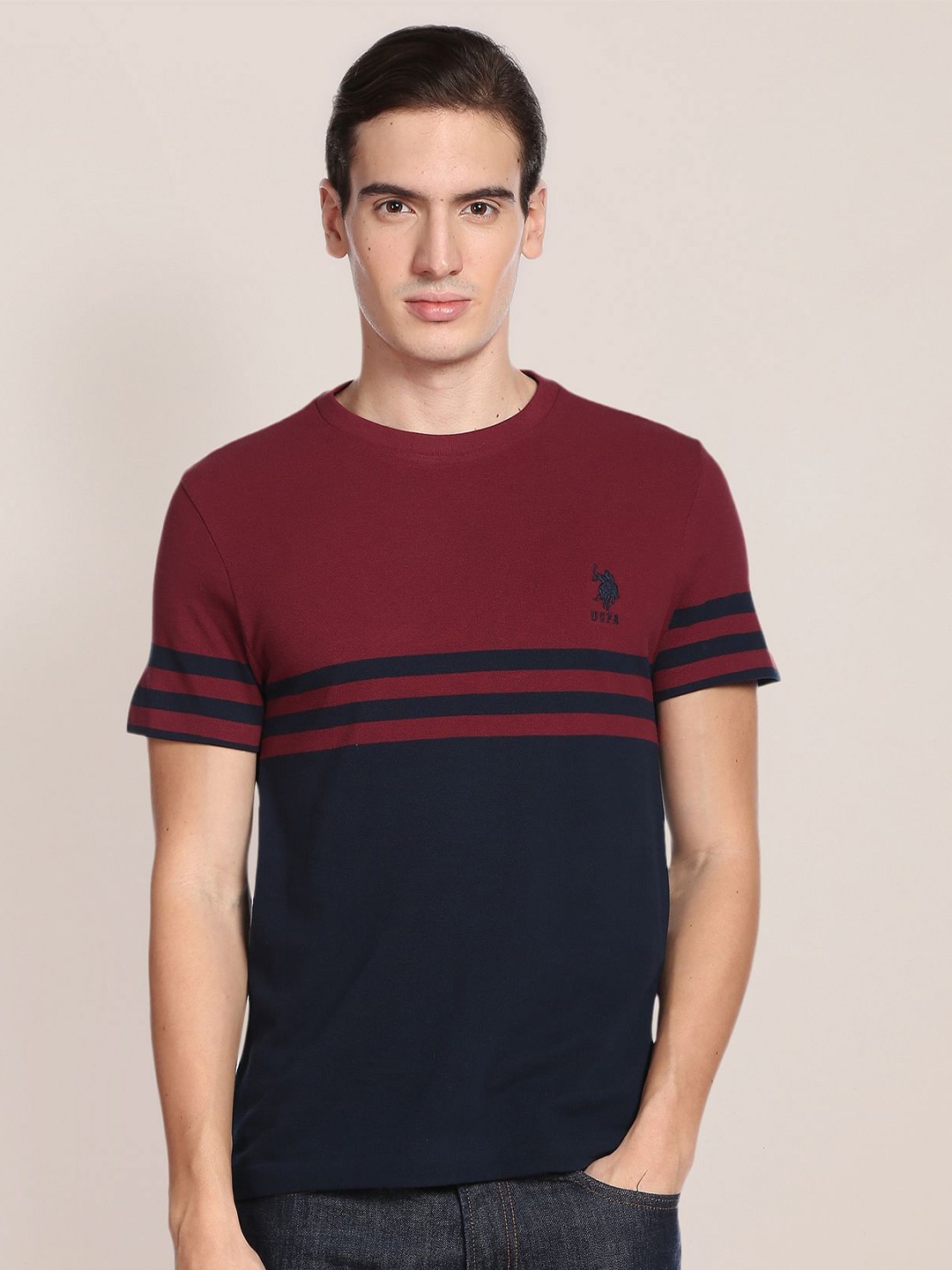 

U.S. Polo Assn. Men Colourblocked Cotton Slim Fit T-shirt, Maroon