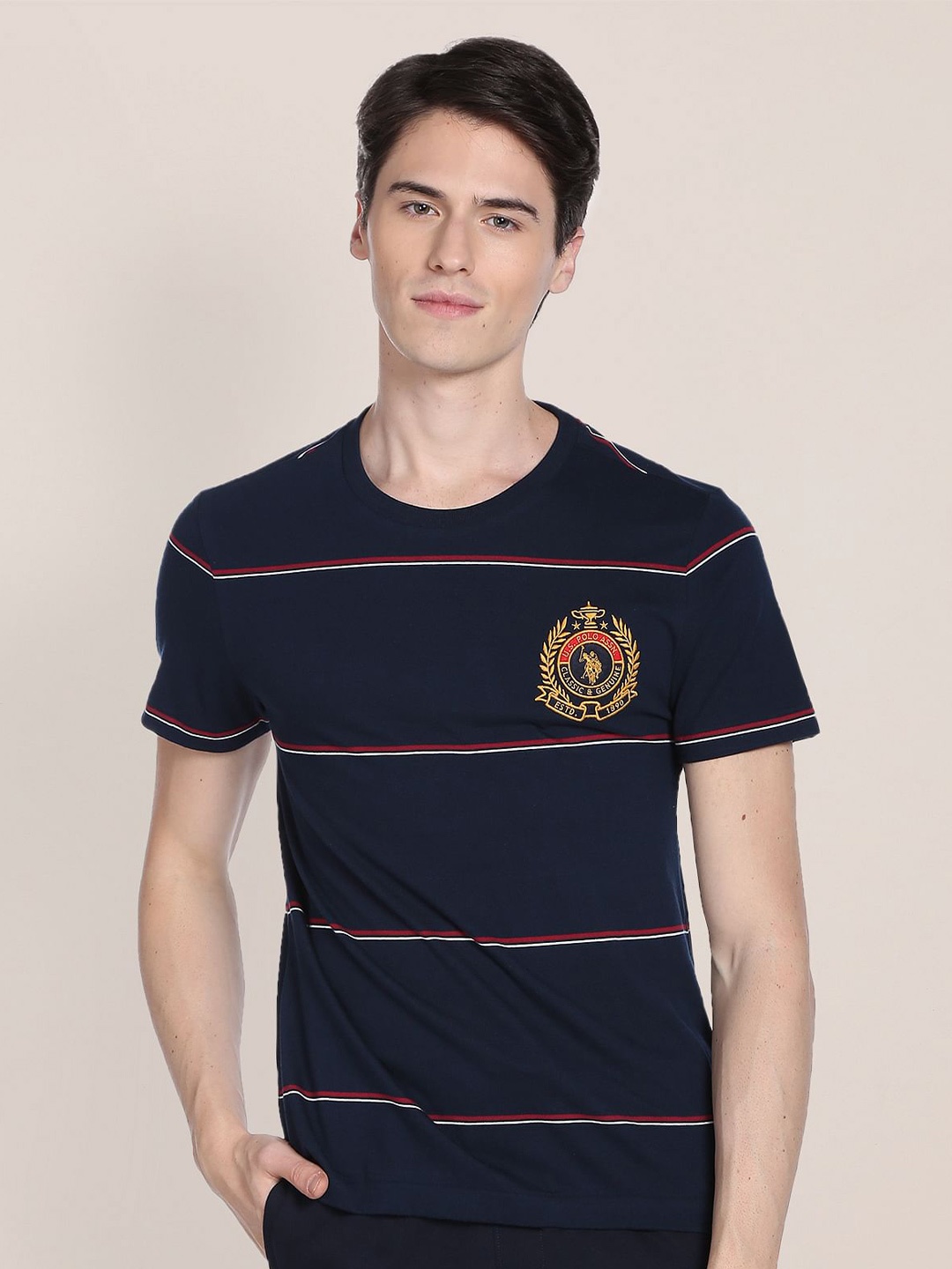 

U.S. Polo Assn. Men Striped Slim Fit Pure Cotton T-shirt, Navy blue