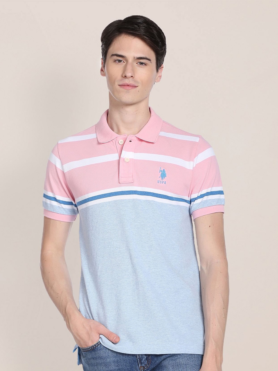 

U.S. Polo Assn. Men Striped Polo Collar Slim Fit T-shirt, Pink