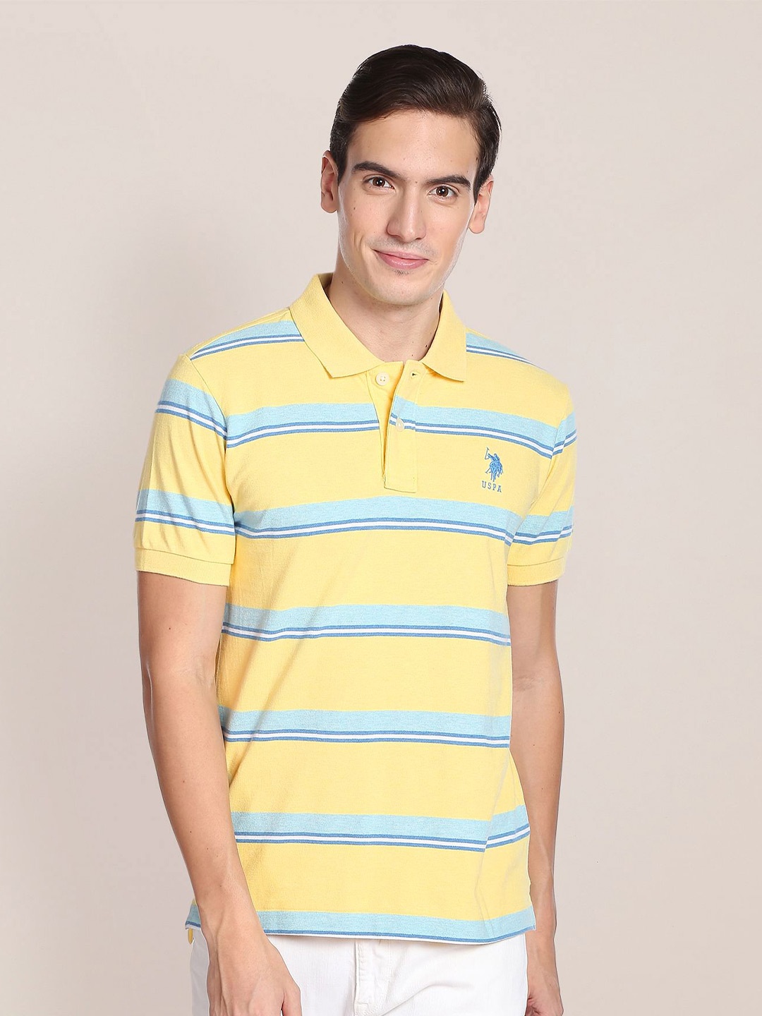 

U.S. Polo Assn. Men Striped Slim Fit Pure Cotton T-shirt, Yellow