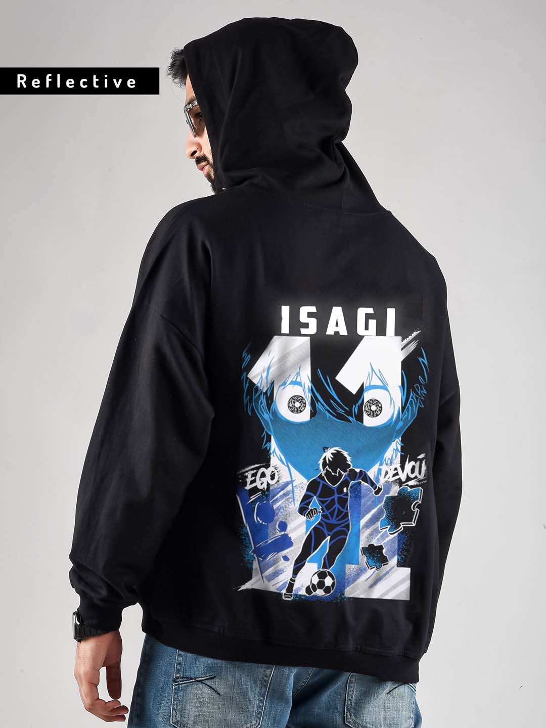 

COMICSENSE Men Anime Printed Blue Lock Hooded Oversized Sweatshirt, Black