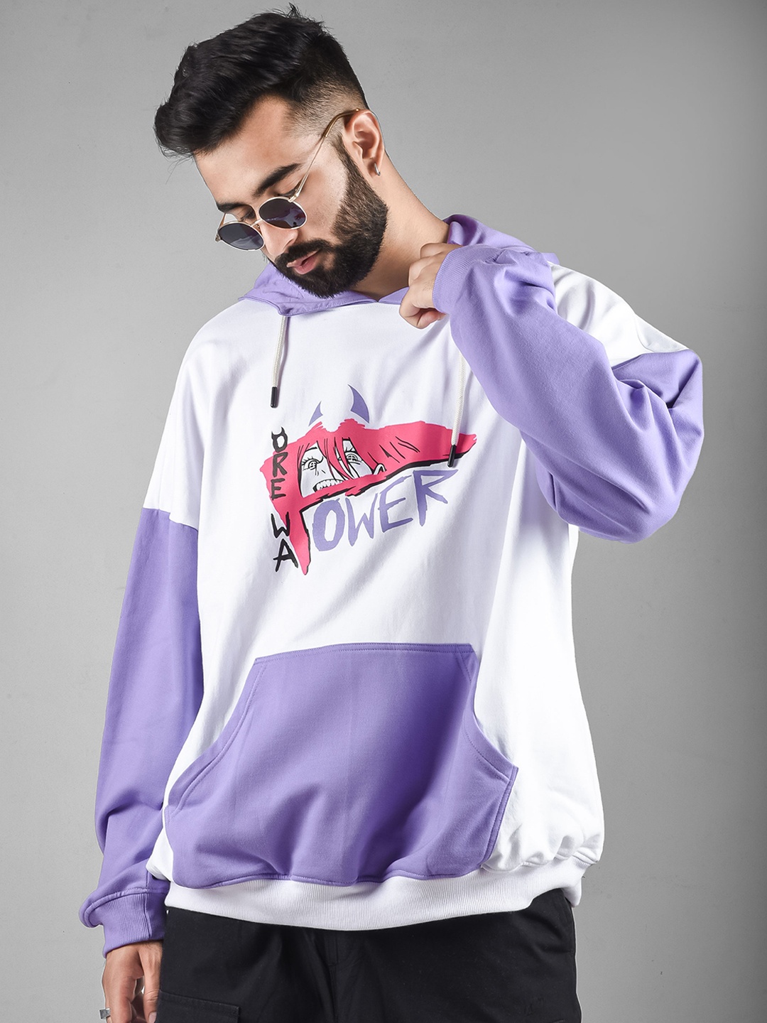 COMICSENSE Men Anime Printed Chainsaw Man Hooded Oversized Sweatshirt, Purple