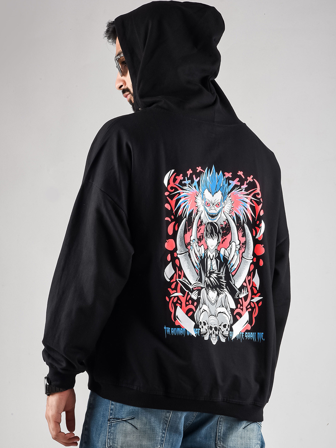 

COMICSENSE Men Anime Printed Death Note Reflective Hooded Oversized Sweatshirt, Black